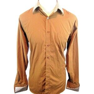 Mens Daniel Ellissa Brown w Plaid Collar/Fr Cuffs Dress Shirt sz 16.5x36/37
